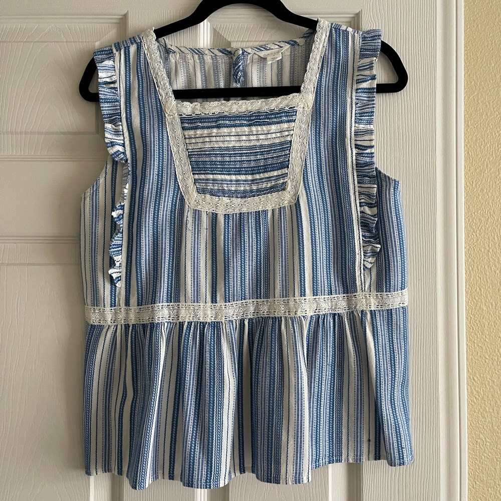 Caslon Blue and White Embroidered Peplum Tank Top (size M)